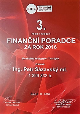 3.místo za rok 2016 v kategorii finanční poradce roku